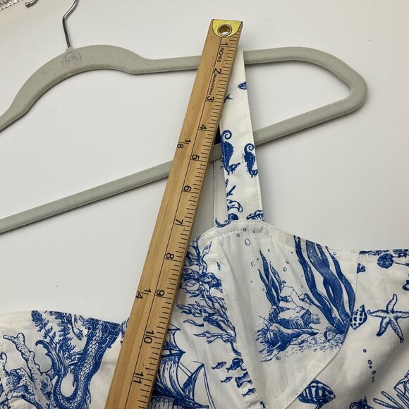 New Avec Les Filles 6 Blue White Toile Sea Creatures Mermaid Seahorse Midi dress - Picture 10 of 16